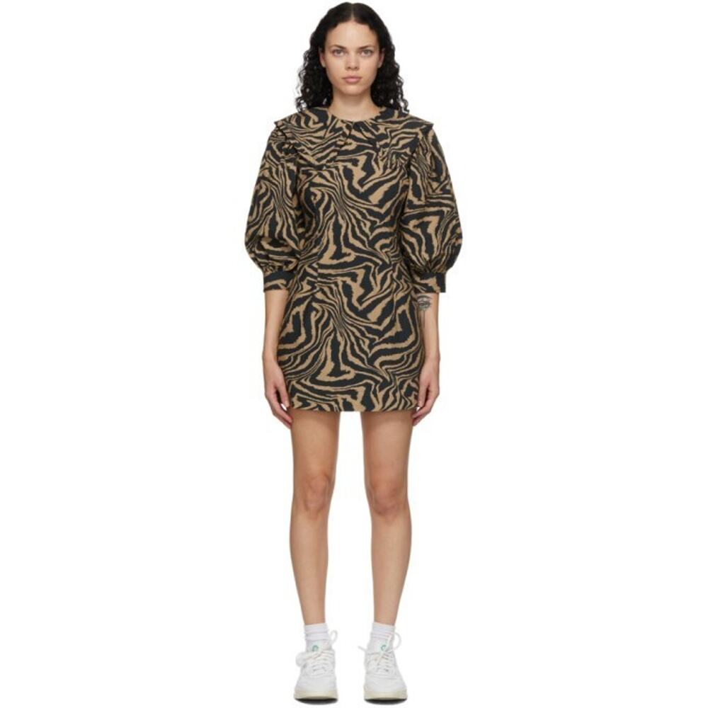 GANNI Organic Cotton Black Zebra Print Poplin Puff Sleeve Mini Dress EU 32 US 0
